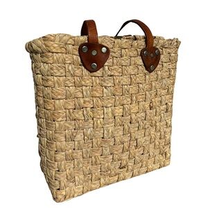 Woven Straw Tote Bag with Brown Leather Handles